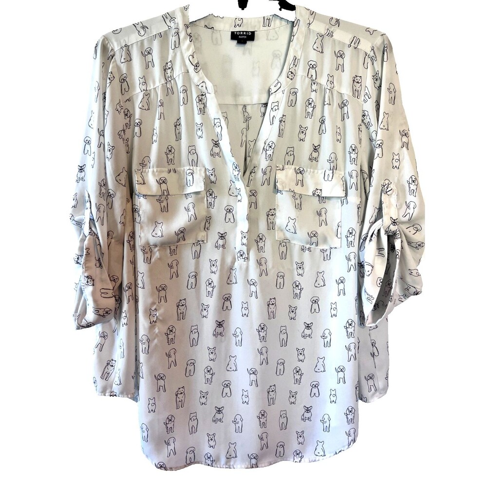 Torrid Harper Dog Print V-neck 3/4 Roll Tab Sleeves Black White Plus Size 4